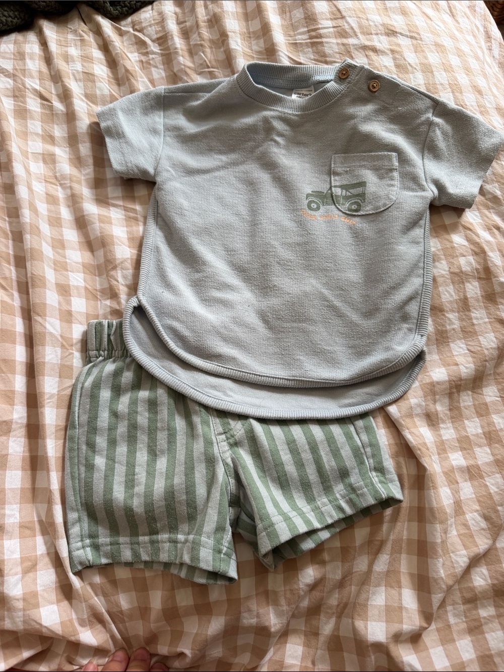 Carter's Light Sage Knit Baby Jeep Tee and Striped Shorts Set Size 12 Months